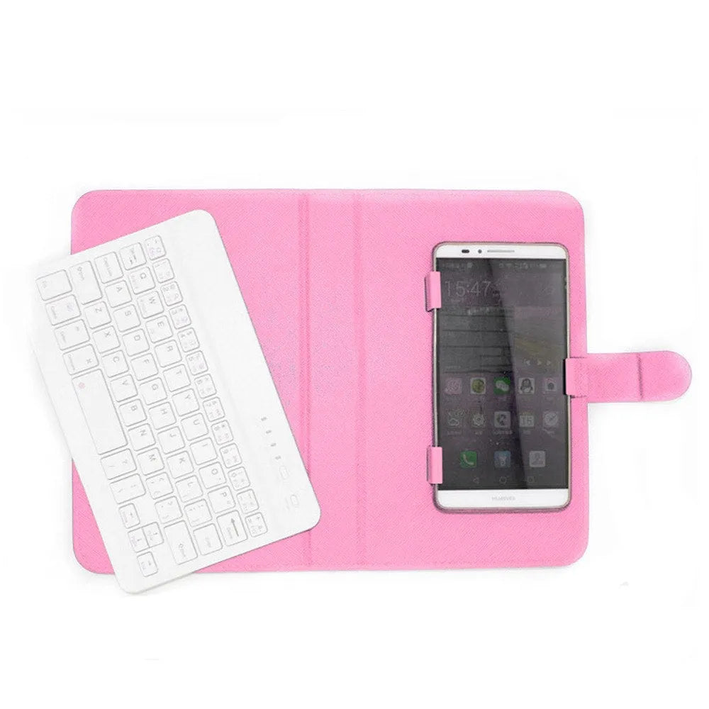 Black wireless Bluetooth keyboard integrated into a protective case for a mobile phone.