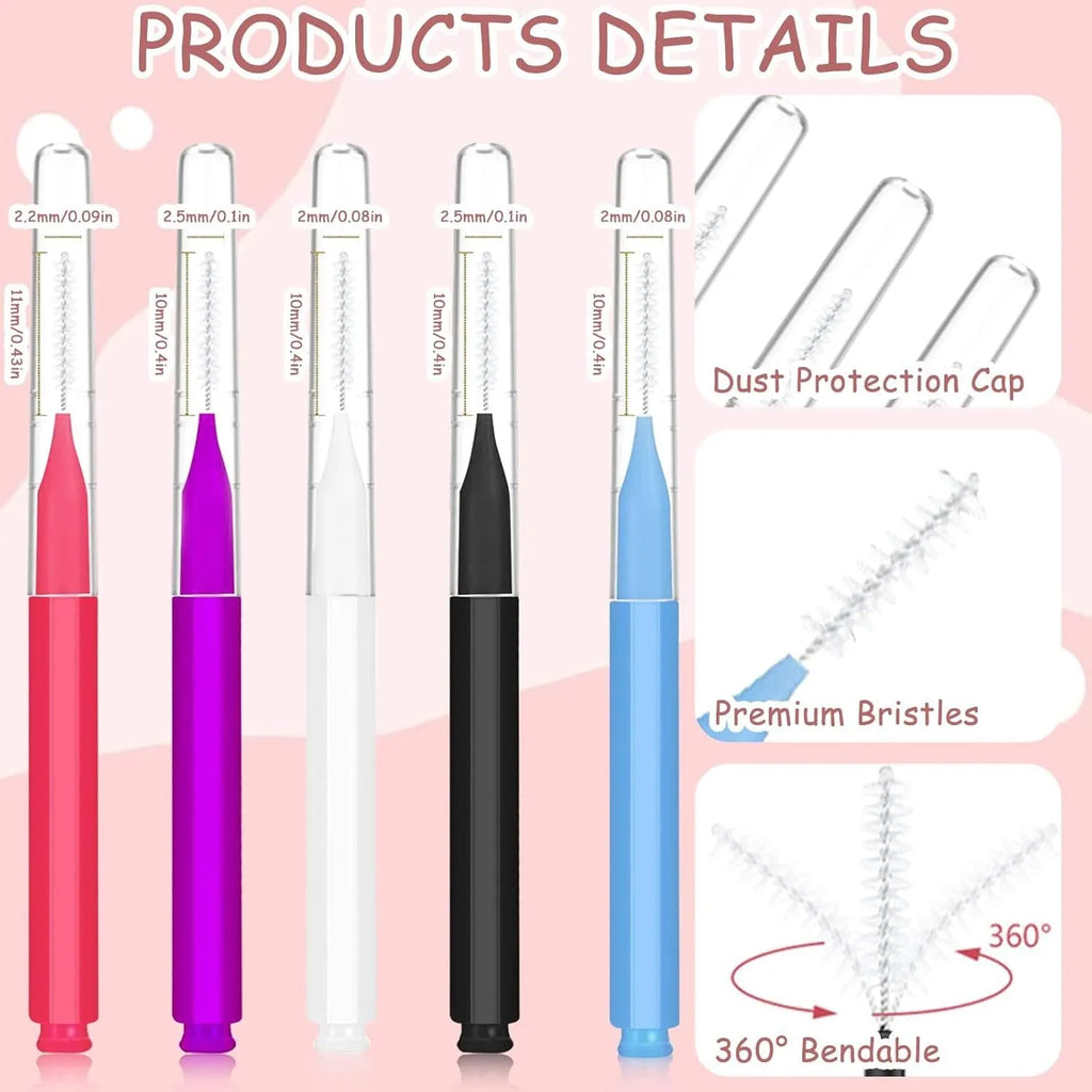 Set of coloured micro eyebrow and eyelash brushes with protective caps arranged on a white surface.