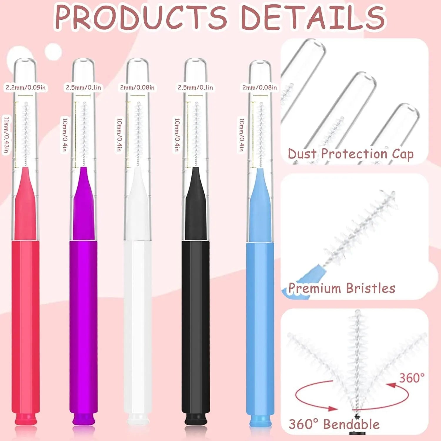 Set of coloured micro eyebrow and eyelash brushes with protective caps arranged on a white surface.