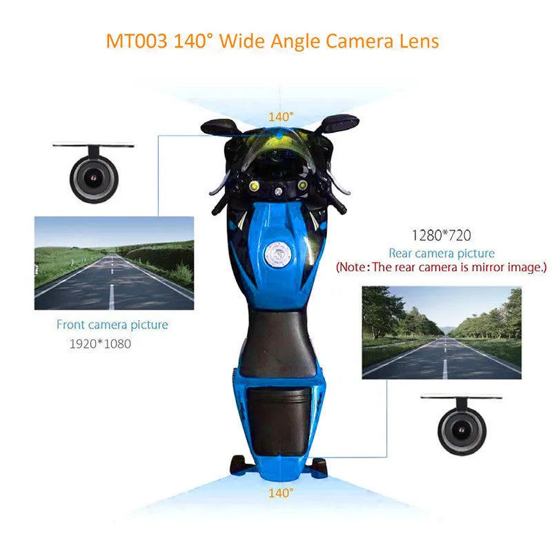 Waterproof motorcycle recorder with 140-degree wide angle lens and 4-inch LCD display mounted on handlebars