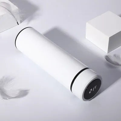 Stainless steel vacuum flask with LED touch display showing temperature, 500ml capacity, 304 stainless steel construction, gold colour