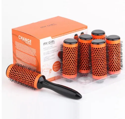 Set of six ceramic hair styling brushes in assorted colours with detachable handle and PVC carry bag