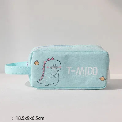 Cartoon dinosaur stationery bag in cotton cloth, inverted trapezoid shape, 18.5x9 cm, blue colour
