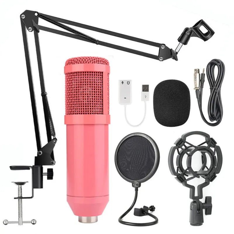 BM-800 condenser microphone with stand in multiple colour options including black blue gold pink red silver white
