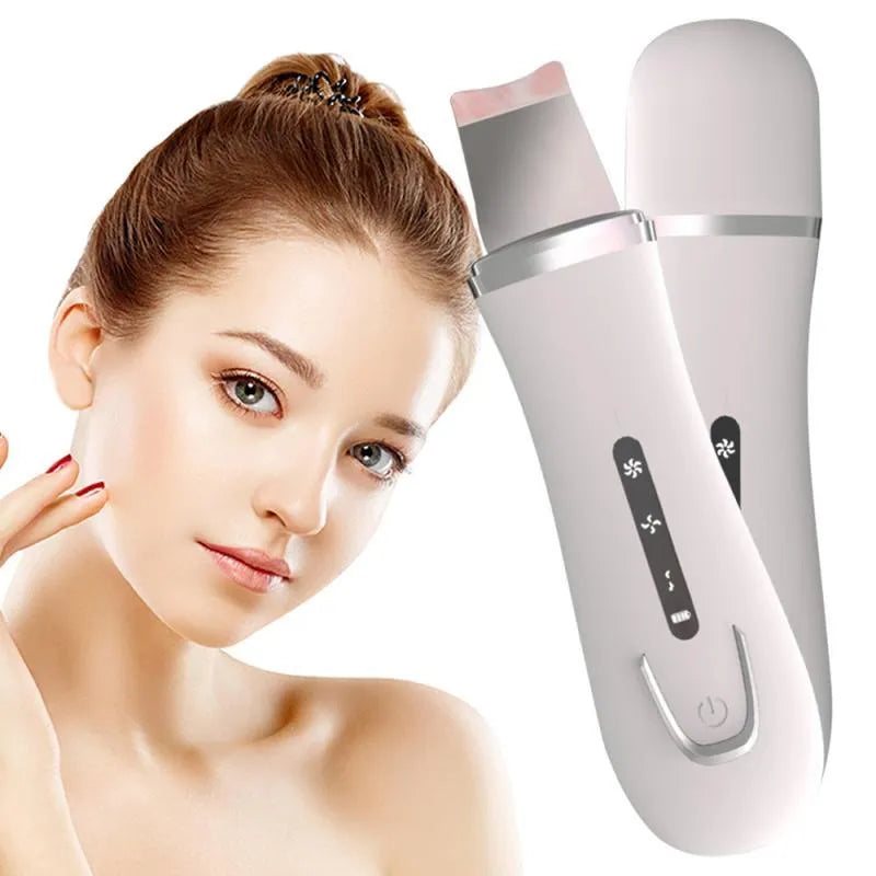 White ultrasonic ion cleaning machine with stainless steel head and compact body for pore cleaning and blackhead removal