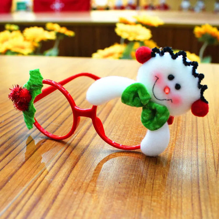 Christmas character glasses frames with Santa, snowman, and rabbit ear designs