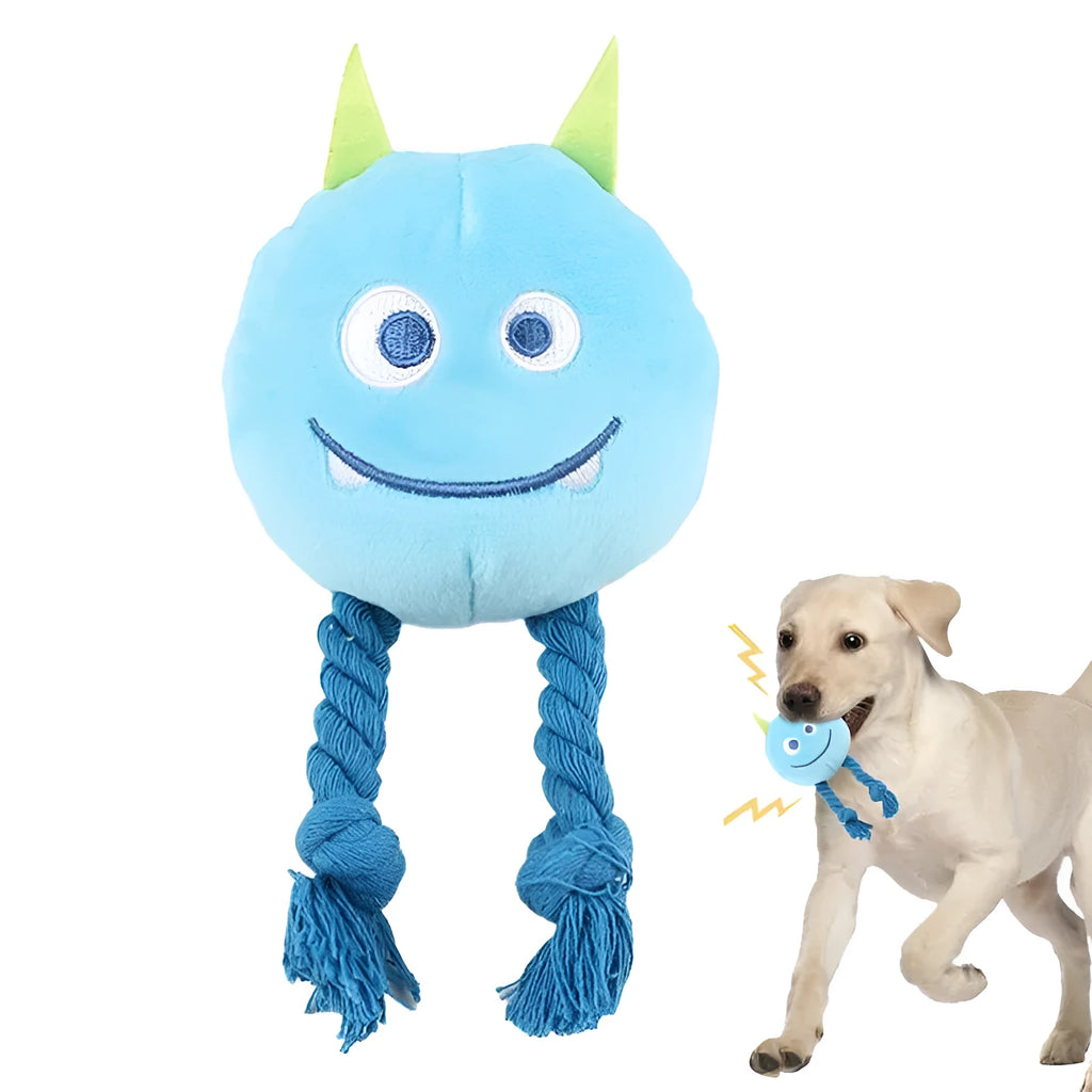 Blue and yellow cartoon character dog squeaky toy with strong knot rope design