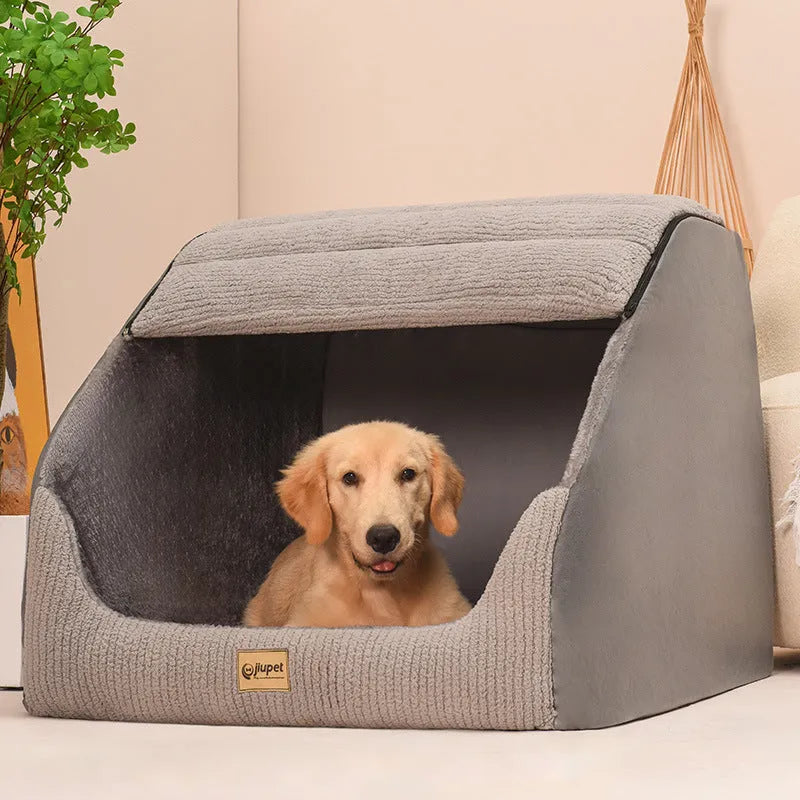 Classic gray removable washable dog bed with matching blanket for medium to large dogs