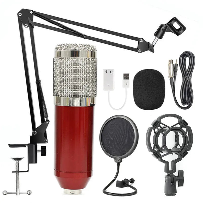 BM-800 condenser microphone with stand in multiple colour options including black blue gold pink red silver white