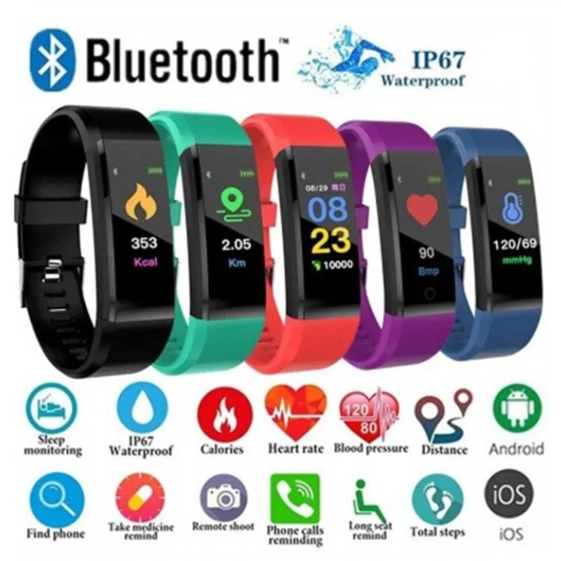 Smart wristband fitness tracker with 0.96 inch colour LED screen, TPU band, and IP67 water resistance