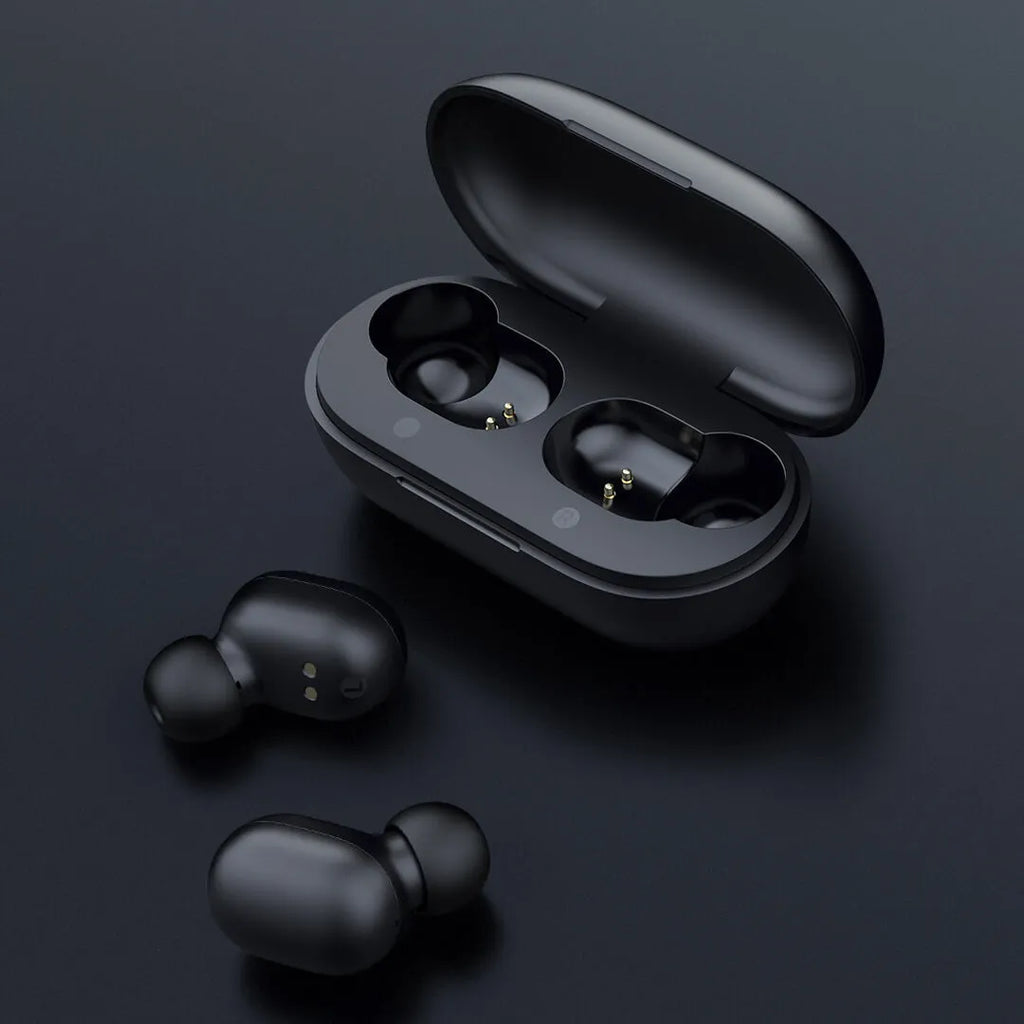 Black true wireless Bluetooth earbuds showing separate left and right units without connecting cables