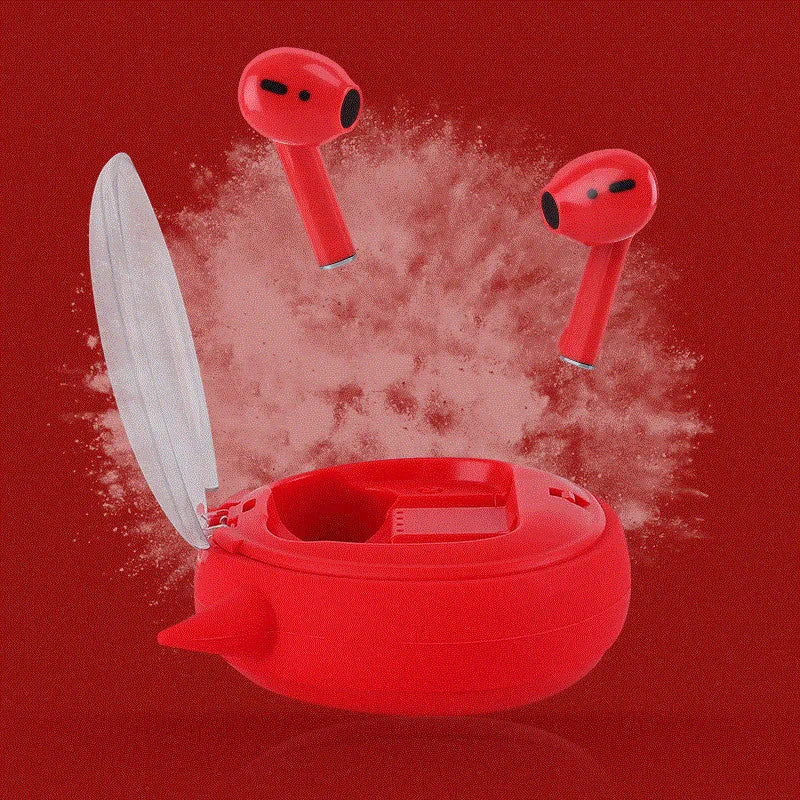 Macaron Red coloured TWS true wireless Bluetooth 5.0 in-ear headphones with charging case.