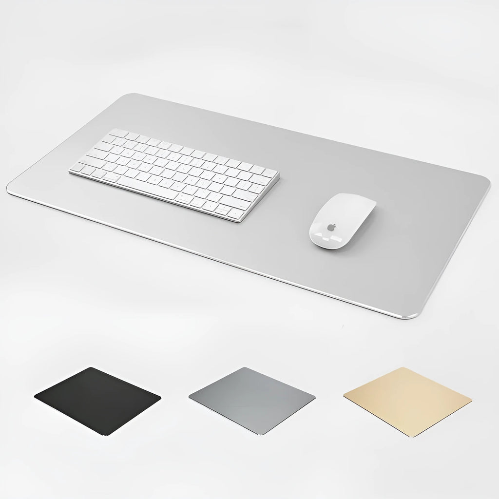 Aluminium alloy double-sided mouse pad with wrist support, USB hub, and hand warmer, in black, gold, or silver.