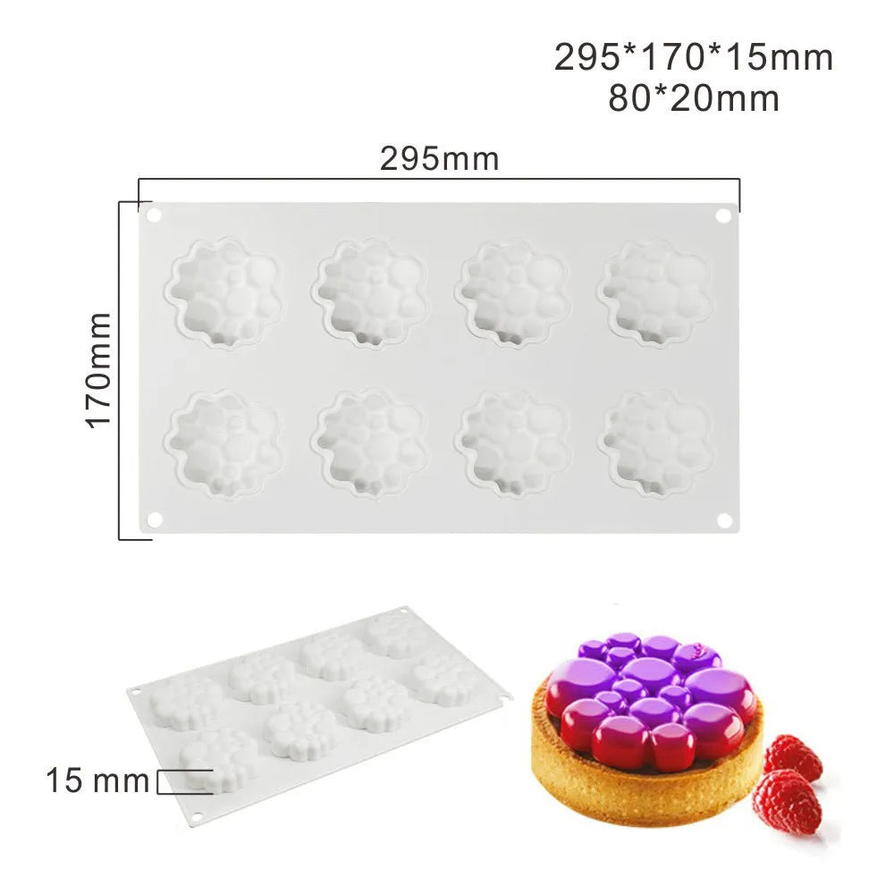 Round silicone cake mould with 8-bubble tower pattern design for baking and dessert preparation