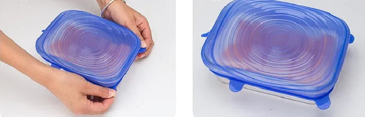 Six round stretch silicone covers in assorted colours, sizes 2.6 to 8.3 inches