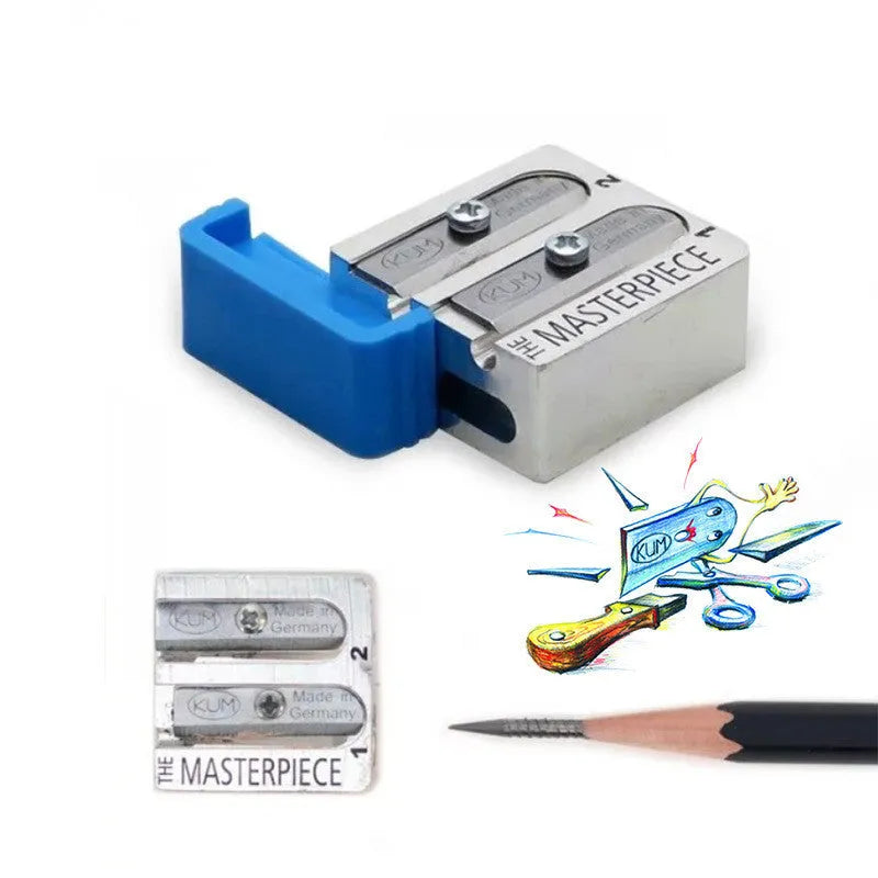 Segmented magnesium metal pencil sharpener with two-step sharpening, blue plastic plug, spare blades and hard plastic box