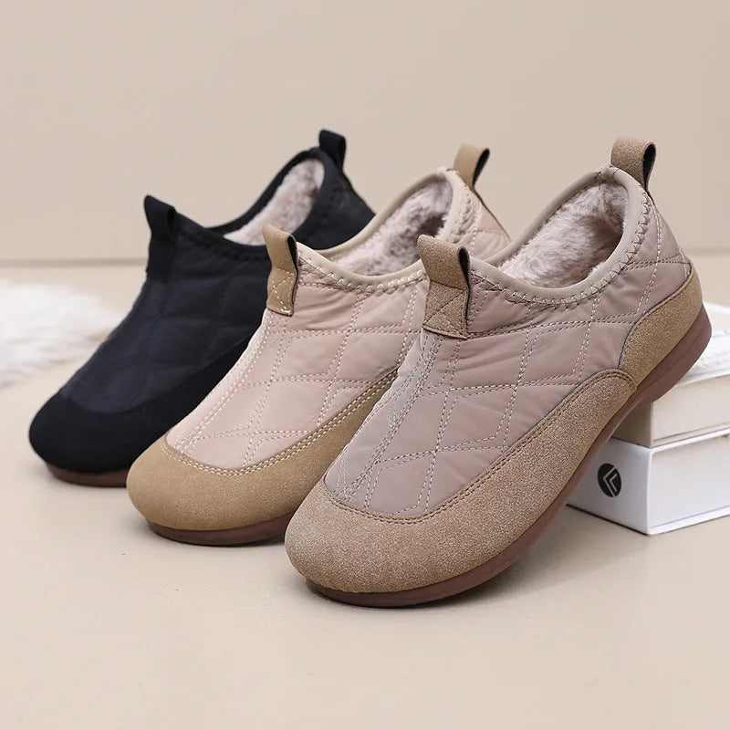 Women's winter cloth shoes with umbrella cloth upper and flat PVC sole, shown in solid colour