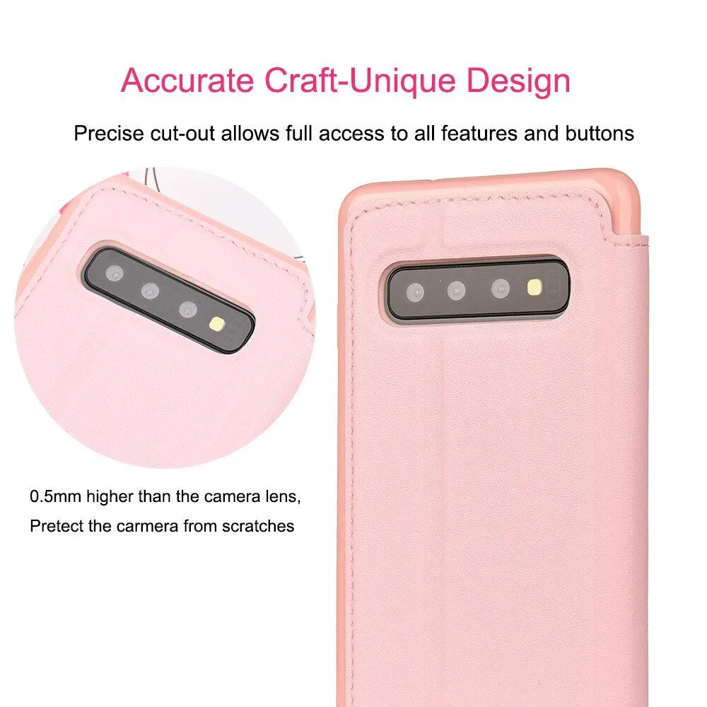 Crown card leather flip case for Samsung in black, pink, white or rose red, with PU outer and TPU inner shell.