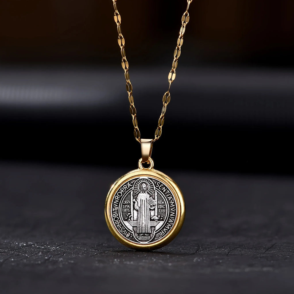 Gold electroplated St. Benedict cross pendant on alloy O-ring chain necklace