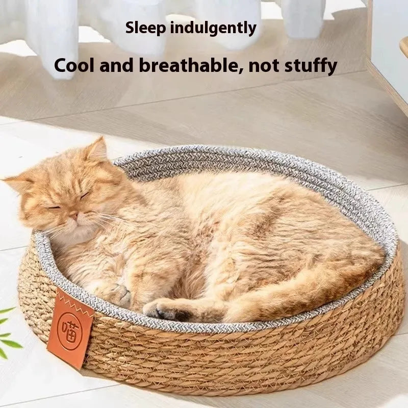 Brown woven rattan cat nest pet bed shown in size L on a floor.