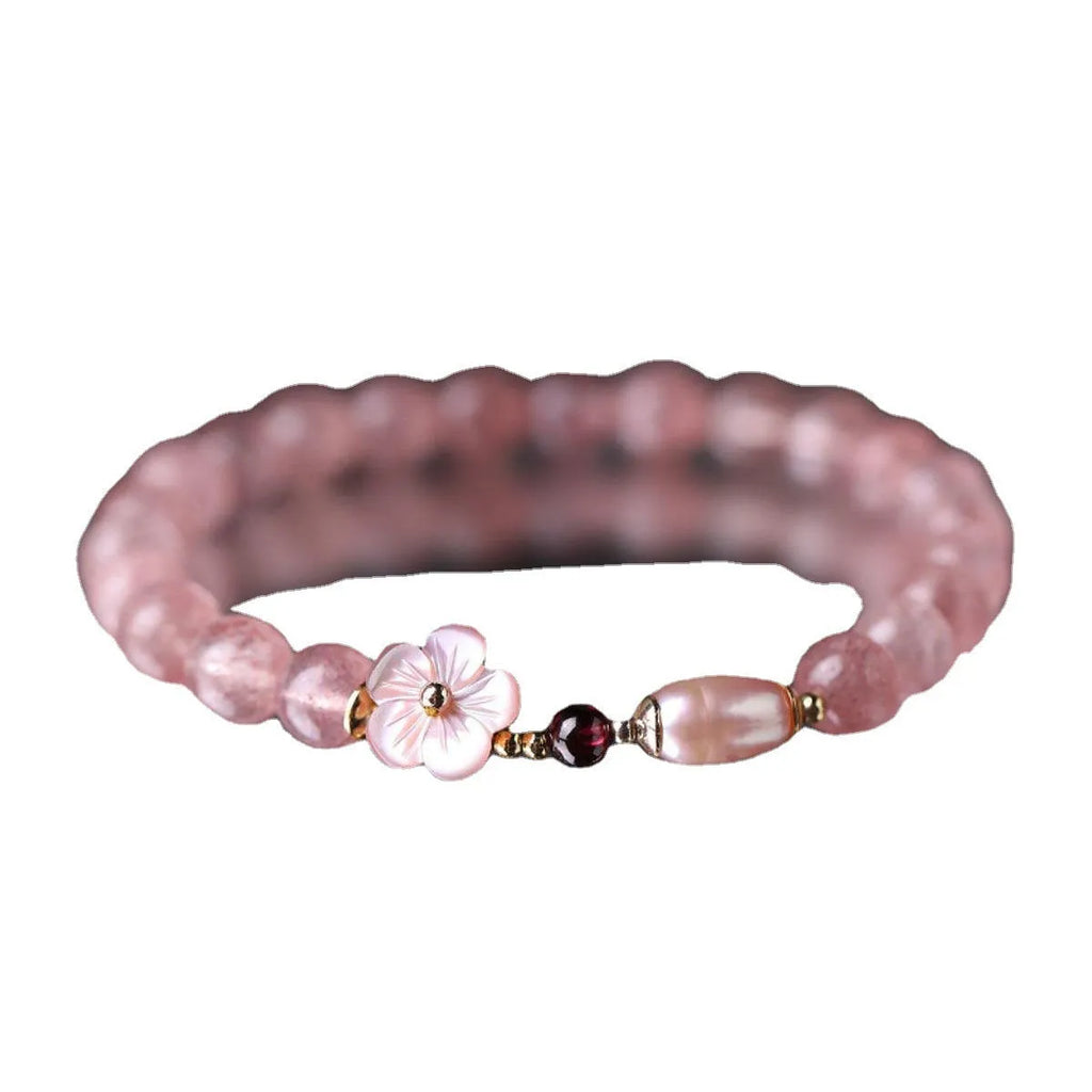 Strawberry quartz peach blossom crystal bracelet with flower charms for women