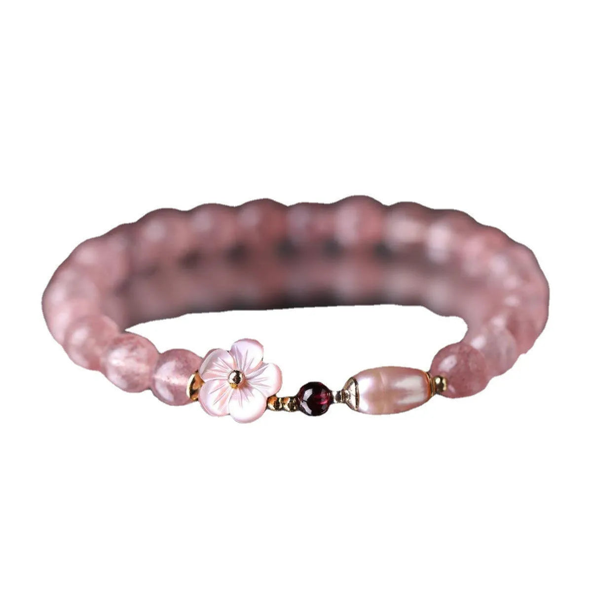 Strawberry quartz peach blossom crystal bracelet with flower charms for women
