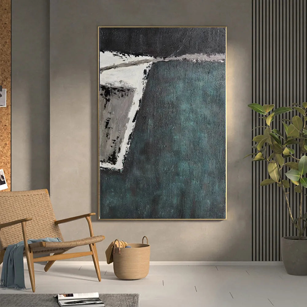 Large abstract handmade painting retro green texture on canvas, hand-painted, vertical orientation, no frame