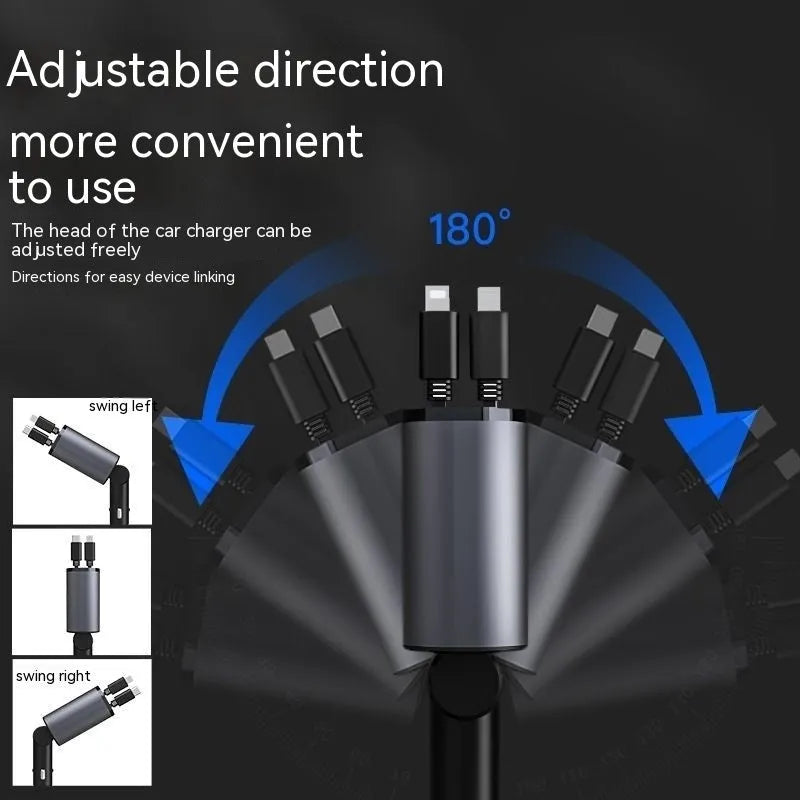 Automatic retractable car charger with fast-charging plug inserted into a vehicle cigarette lighter socket.