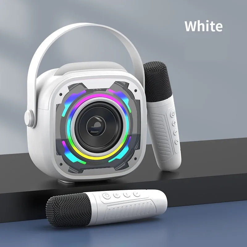 Portable Bluetooth speaker with integrated karaoke microphone in black, white, yellow, or pink