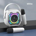 Portable Bluetooth speaker with integrated karaoke microphone in black, white, yellow, or pink