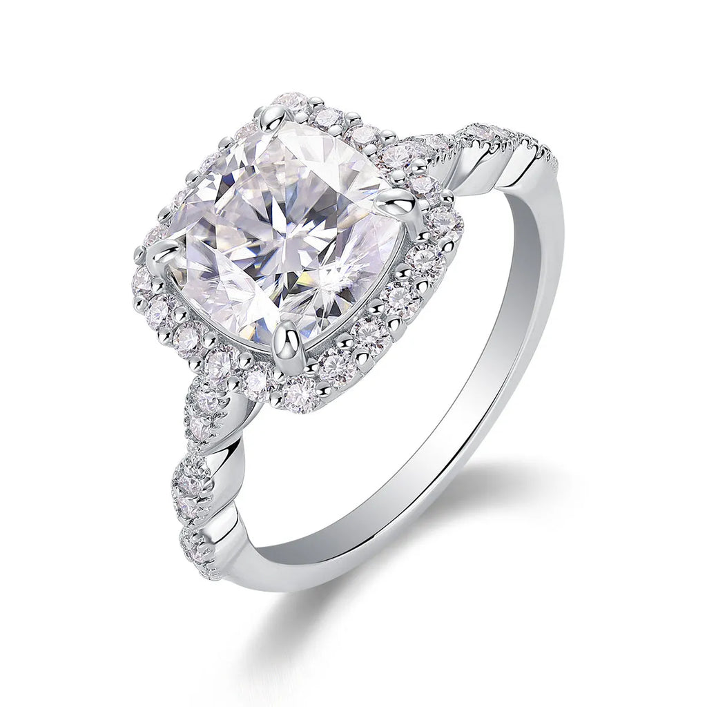 Square moissanite ring in S925 silver with platinum plating, 8.5mm stone, sizes 5-9, GRA certificate and gift box