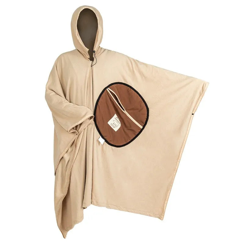 Multi-purpose polar fleece cloak sleeping bag in Army Green shown worn as a cape with hood