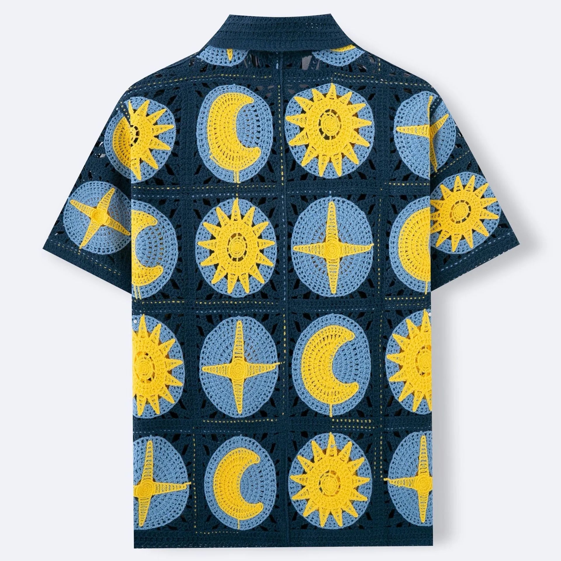 Men's navy blue summer cardigan with cartoon flocking pattern and short sleeves