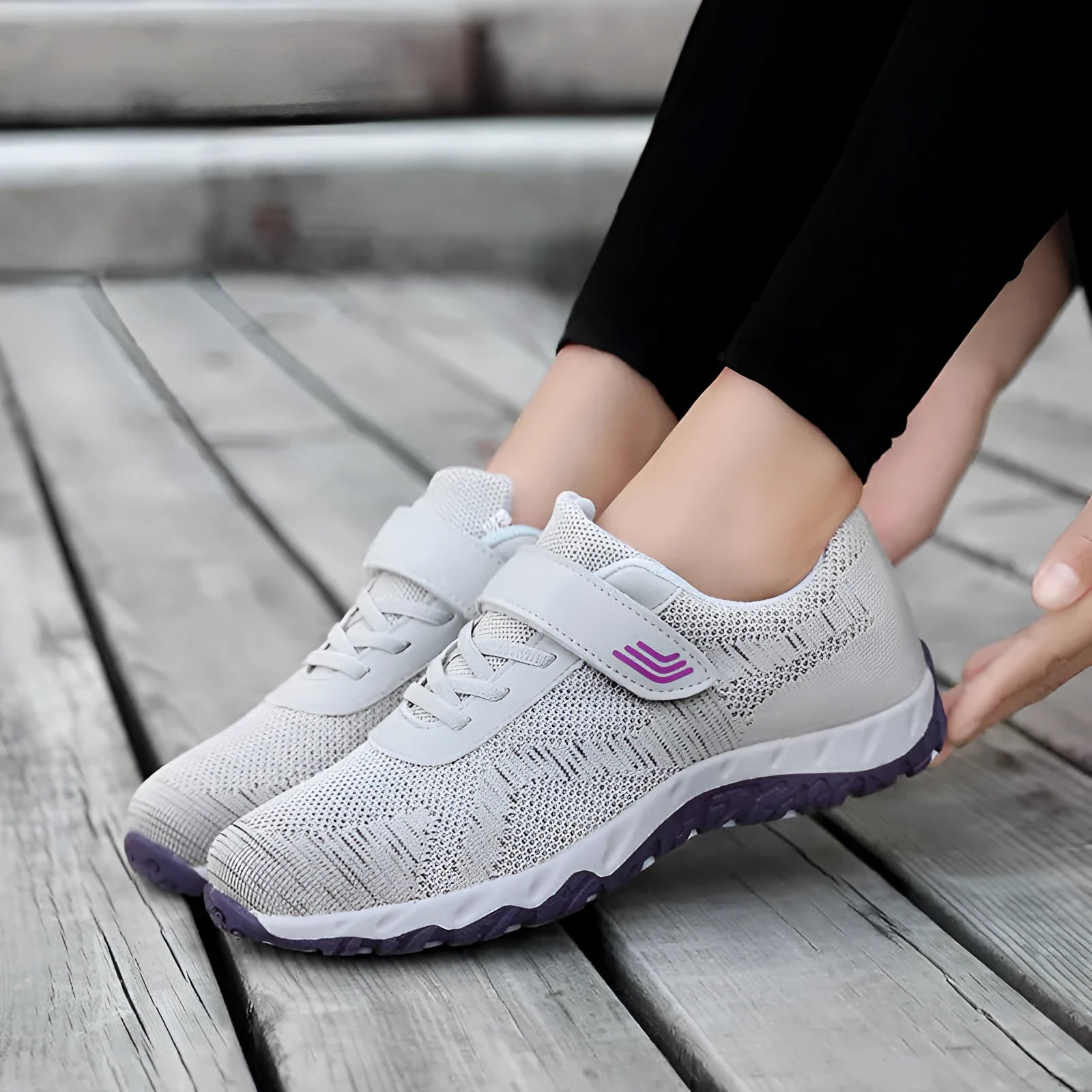 Women's grey purple low-top wedge heel shoes with Velcro strap and round toe.