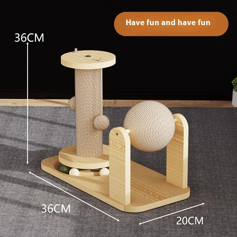 Solid wood cat scratching board toy with rotating turntable mechanism and felt mouse accessories