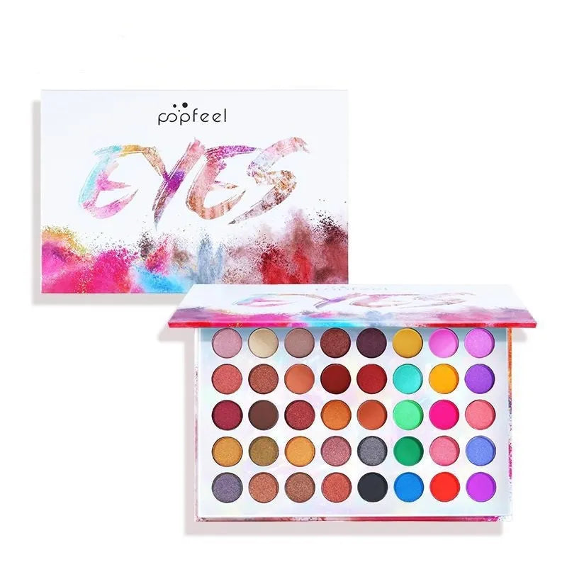 Shimmer matte multi-color combination eye shadow palette with twelve shades including purple, blue, black, sky blue, caramel, and red