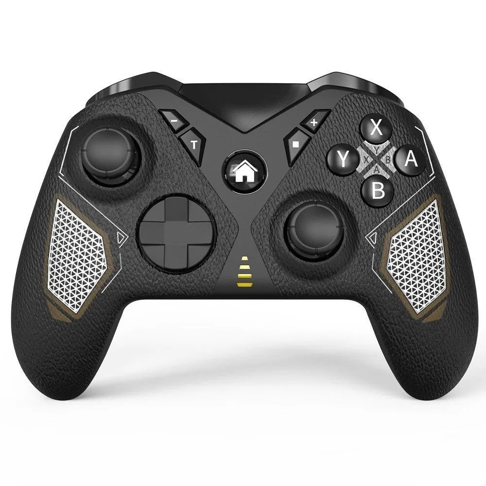 Black wireless game controller with leather-like texture, shown front and back, with Type-C port.