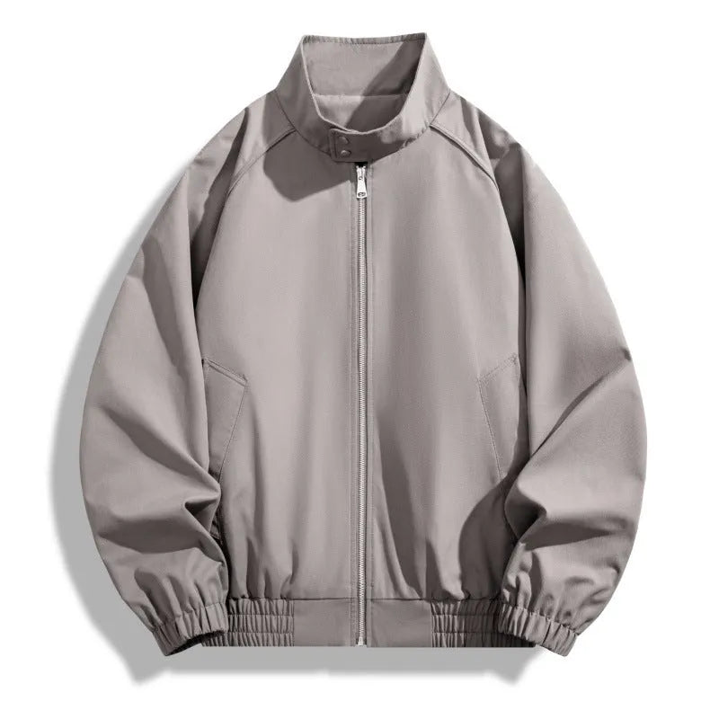 Men's loose stand collar jacket, long sleeve polyester blend casual jacket in black brown camel coffee or gray green