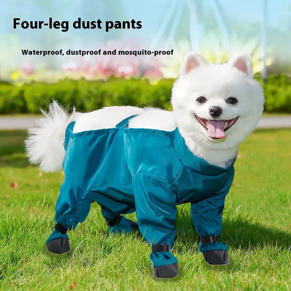 Peacock blue pet diaper bag belly jumpsuit made from waterproof memory cloth with foot-wrapped design on a small dog