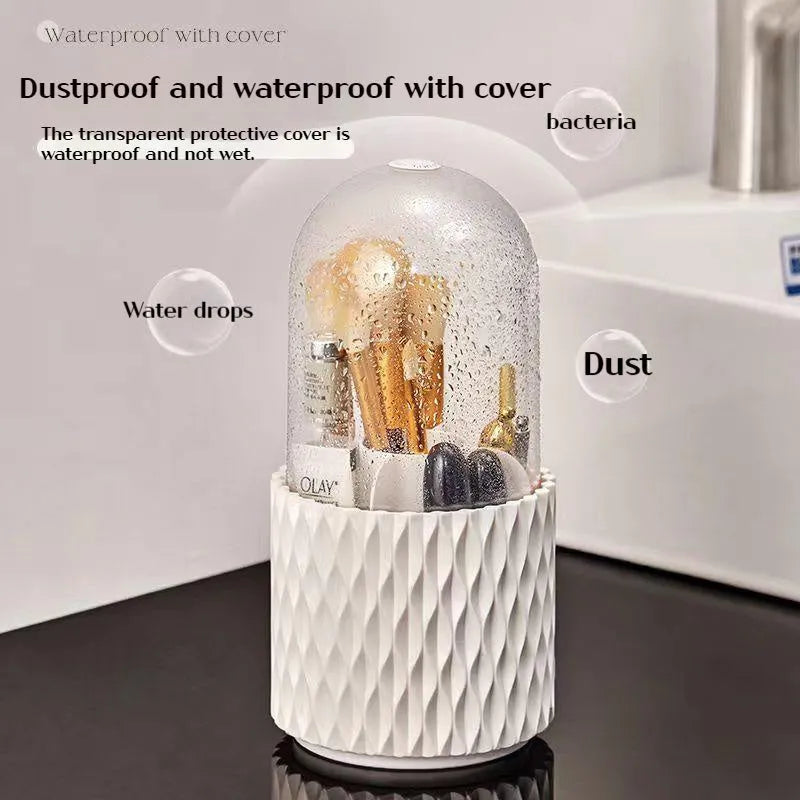 White rotating transparent makeup brush holder with dustproof lid on desktop