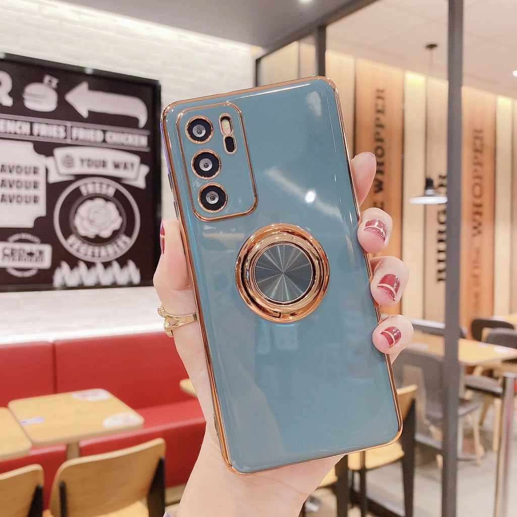 Huawei magnetic car mount phone case with TPU back cover and integrated electroplated ring bracket