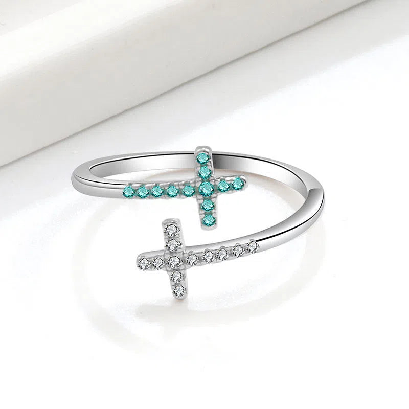 Women's cross open zircon ring in white gold colour on copper base with adjustable size