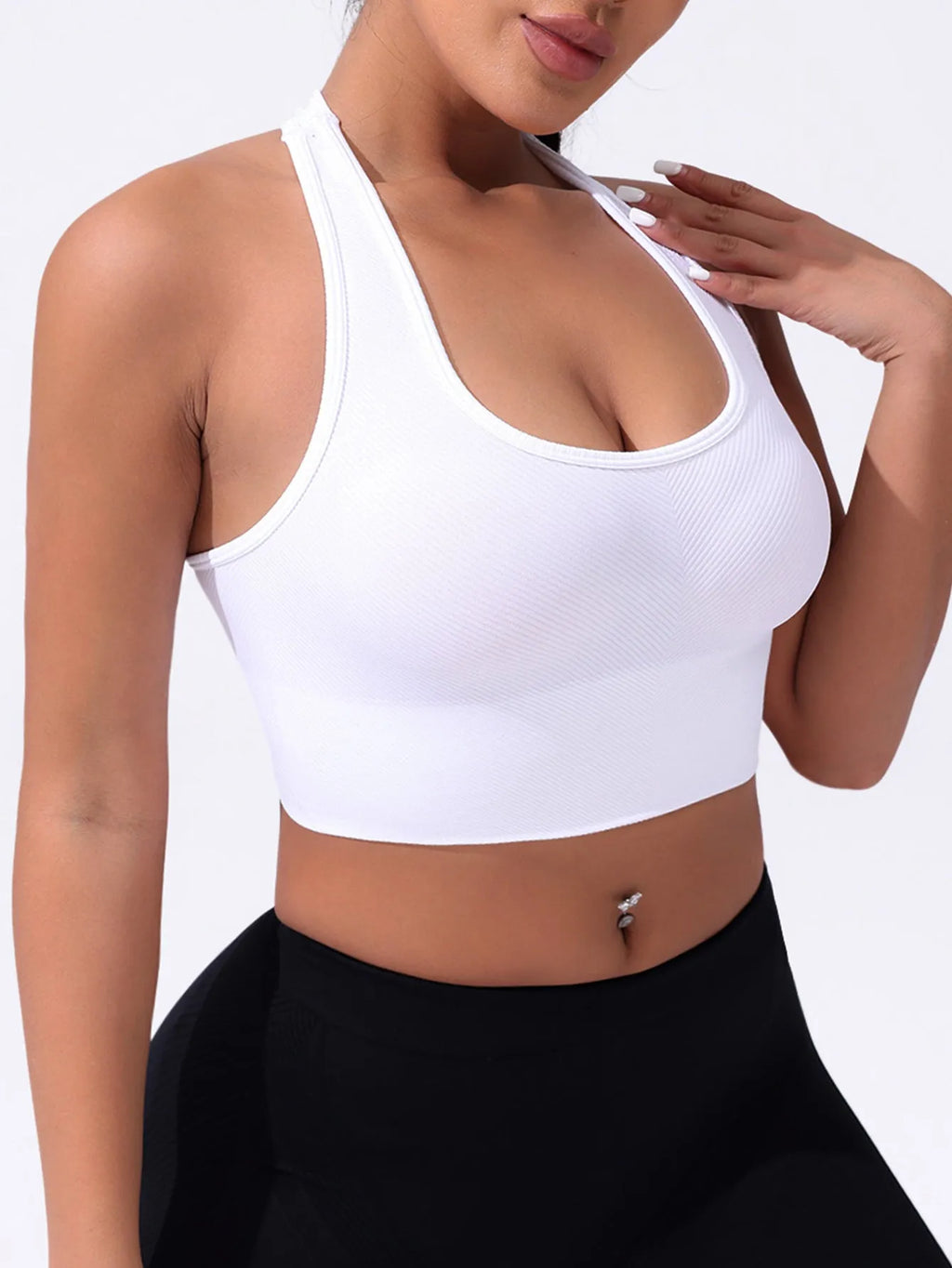 Black women's sports bra with a cross beauty back design and double shoulder straps.