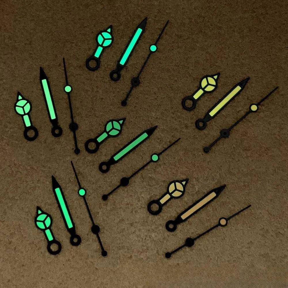 Luminous watch hands set for NH35 NH36 4R 7S movements, black edge green, 7.5mm 12mm 12.5mm, 3pcs