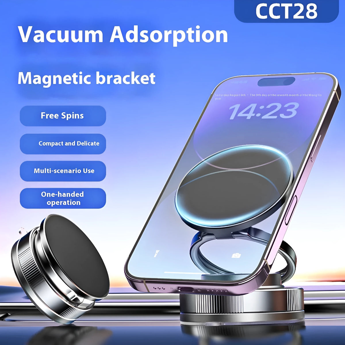 Vacuum adsorption magnetic car phone holder with N54 magnet, 7.5W, in black or white.