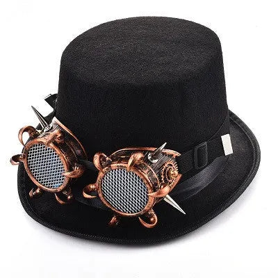 Black steampunk rivet top hat in wool felt with glasses for goth punk and retro costume use
