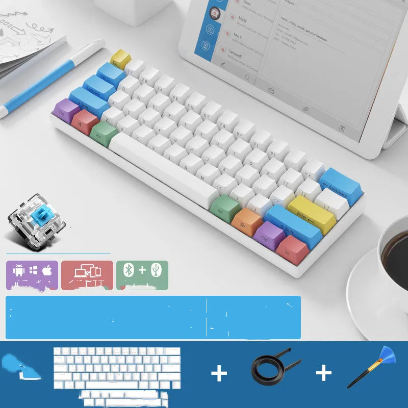 RK 61 wireless mechanical keyboard with Bluetooth and USB connectivity options shown with carrying belt