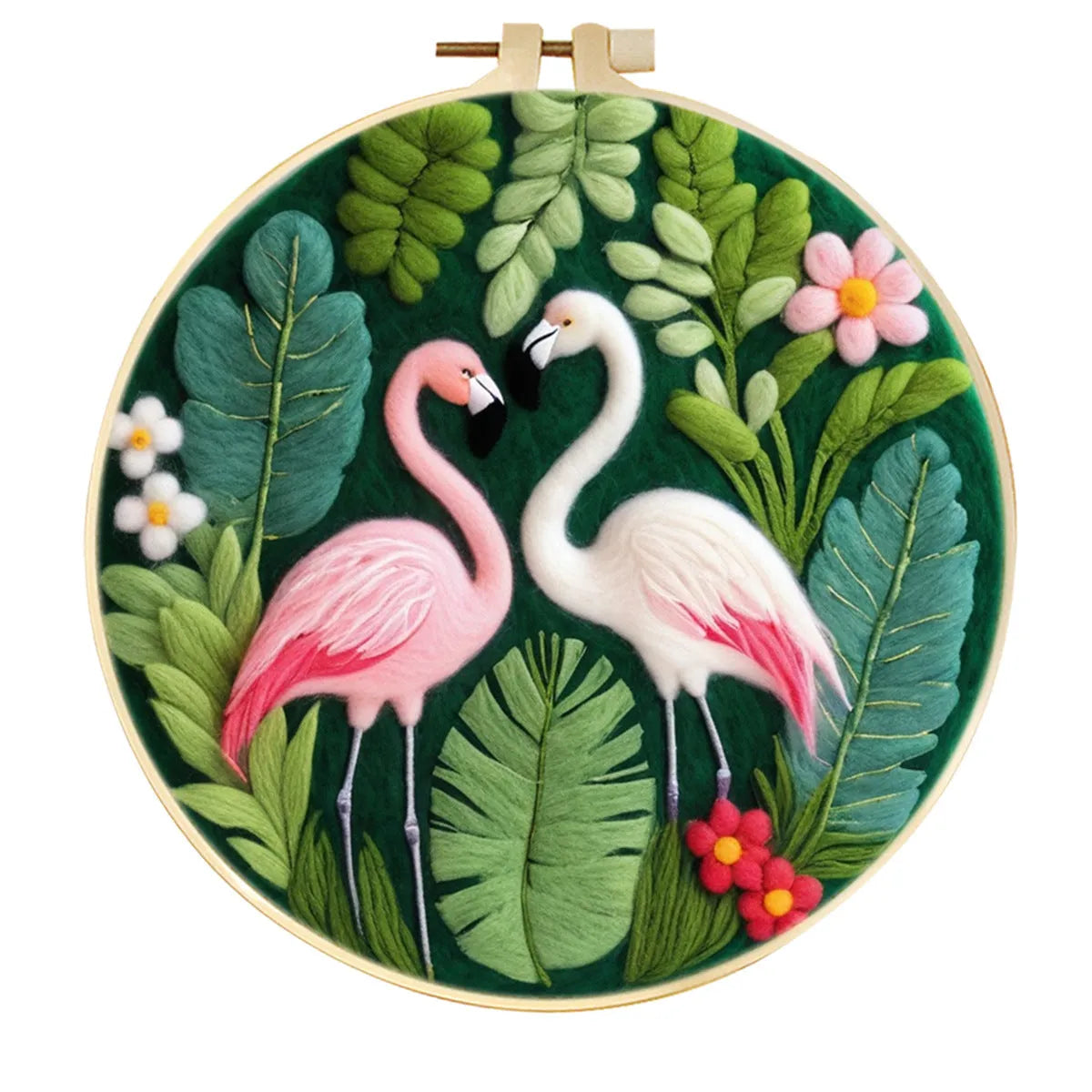 Round linen embroidery frame with wool felt floral decoration kit for three-dimensional wall art