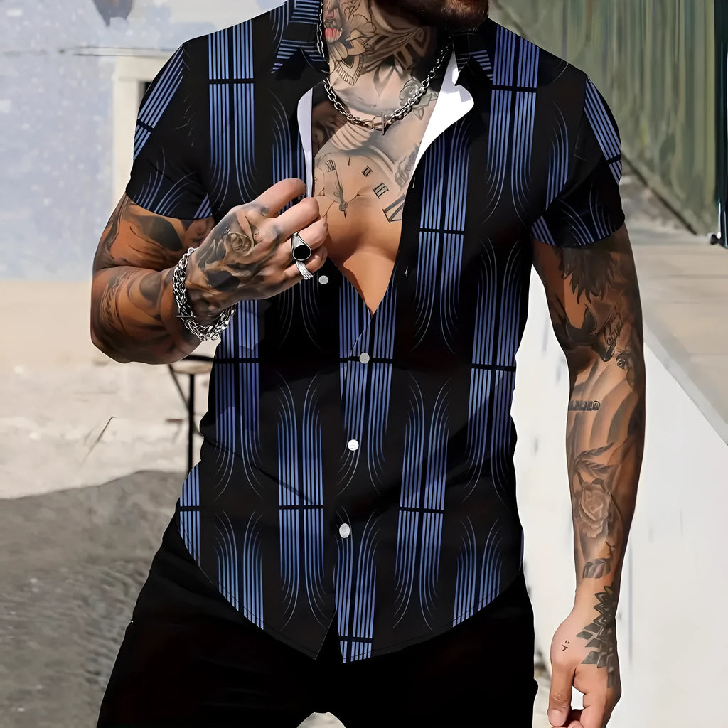 Men's geometric patterned short sleeve shirt with lapel collar in slim fit