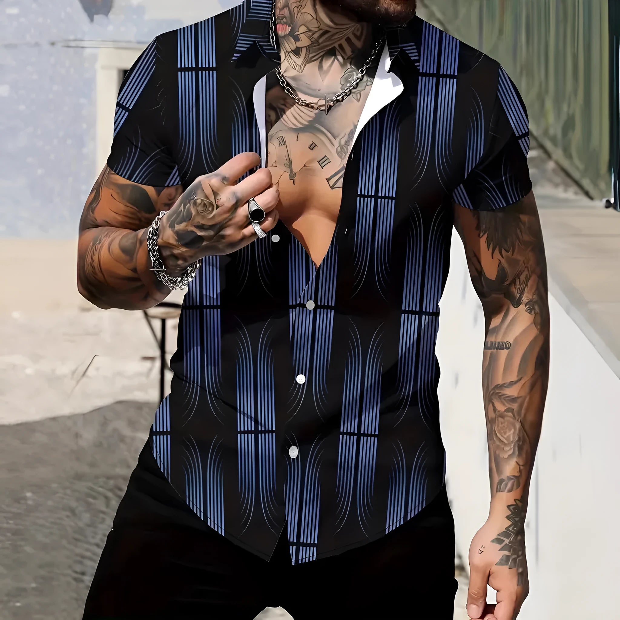 Men's geometric patterned short sleeve shirt with lapel collar in slim fit